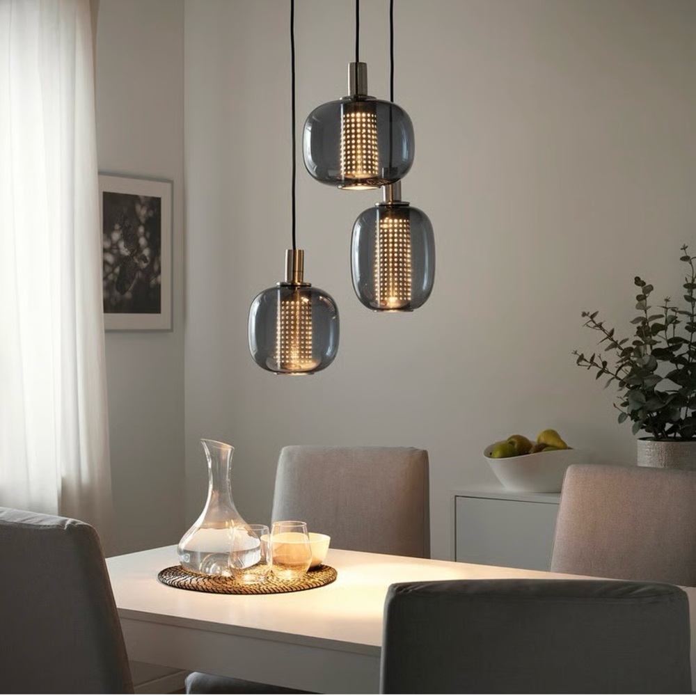 BNIB IKEA HÖGVIND Pendant lamp w/ 3 lamps, nickel/gray glass, 16" (3 Available) - Picture 3 of 10